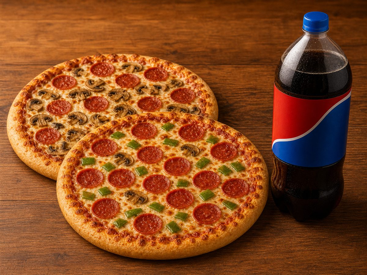 Combo Deal #5 with two medium pizzas and 2L pop
