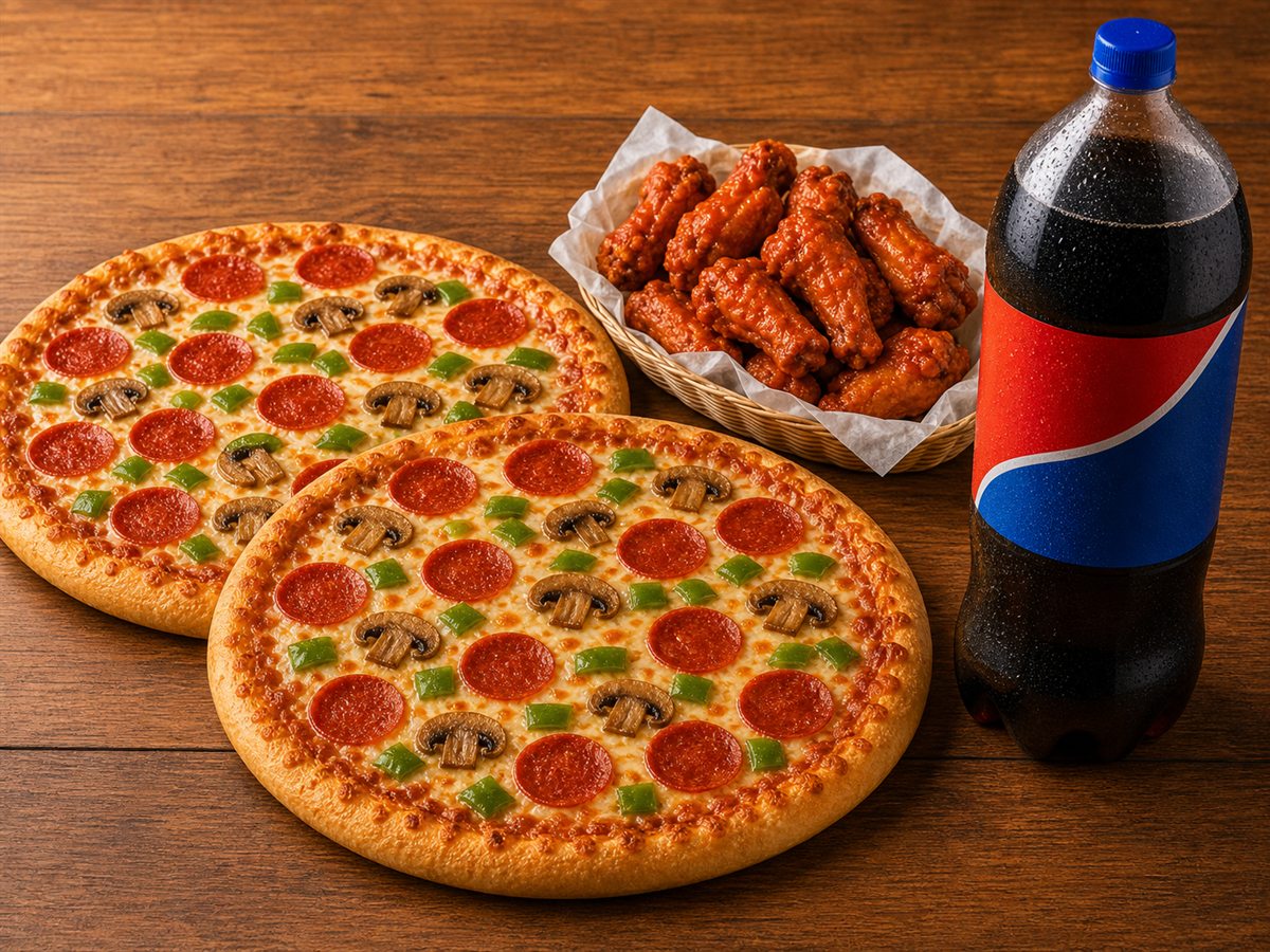 Combo Deal #6 with two medium pizzas, wings and 2L pop