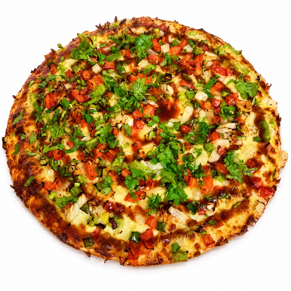 Departure Bay Pizza Samosa Pizza with samosa pieces, vegetables, cilantro and signature chutney drizzle.
